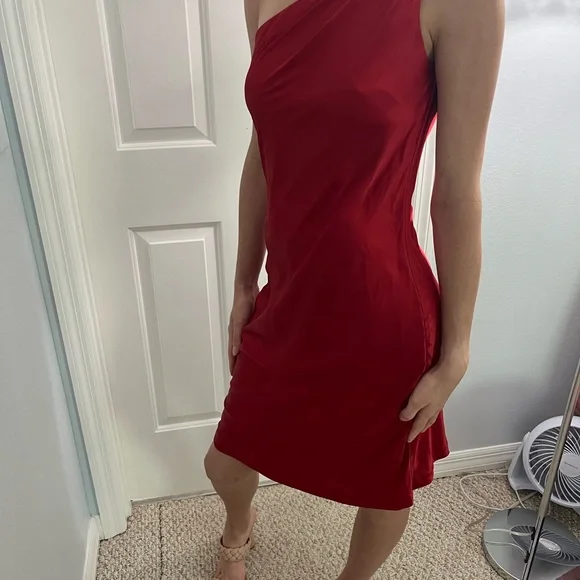Niki Lavis | Dresses | Red Satin Kneelength Dress One Shoulder | Poshmark Niki Lavis | Dresses | Red Satin Kneelength Dress One Shoulder | Poshmark